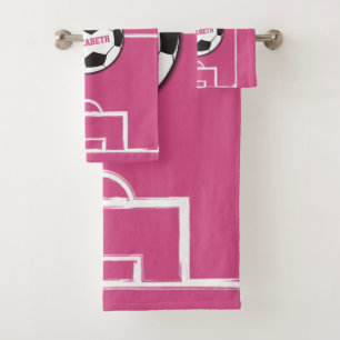 Personalized Soccer Ball and Field Pink Bath Towel Set