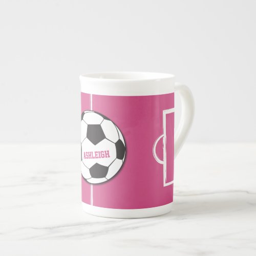 Personalized Soccer Ball and Field Pink Bone China Mug