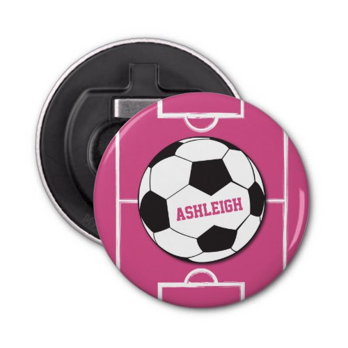 Personalized Soccer Ball and Field Pink Bottle Opener