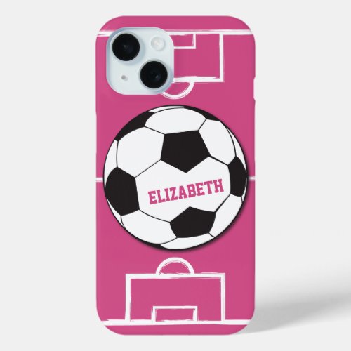 Personalized Soccer Ball and Field Pink iPhone 15 Case