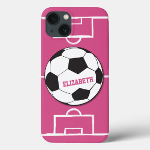 Personalized Soccer Ball and Field Pink iPhone 13 Case