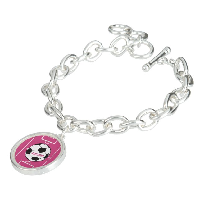 Personalized Soccer Ball and Field Pink Charm Bracelet (Side)