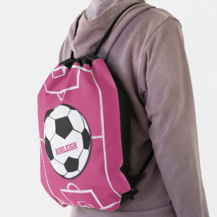 Personalized Soccer Ball and Field Pink Drawstring Bag