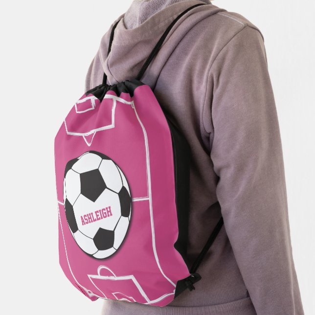 Personalized Soccer Ball and Field Pink Drawstring Bag (Insitu)
