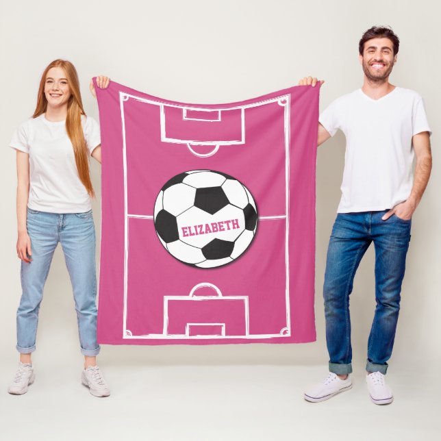 Personalized Soccer Ball and Field Pink Fleece Blanket (In Situ)