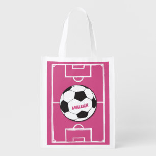 Personalized Soccer Ball and Field Pink Grocery Bag