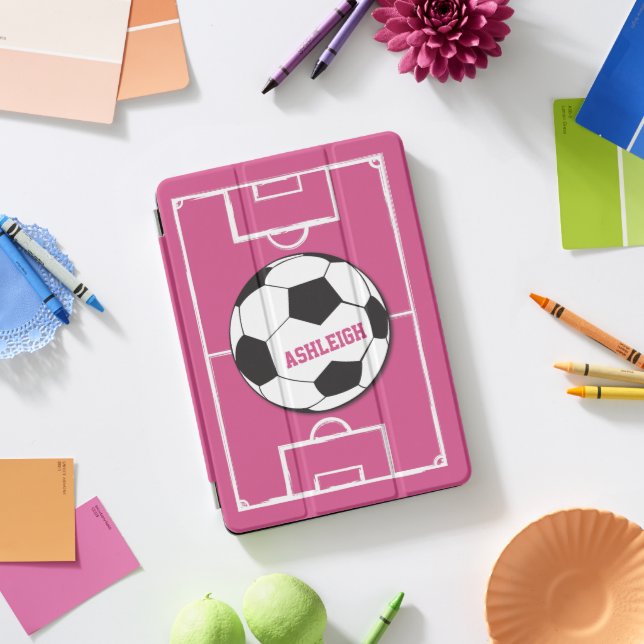 Personalized Soccer Ball and Field Pink iPad Pro Cover (Desk)
