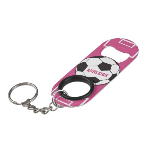 Personalized Soccer Ball and Field Pink Keychain Bottle Opener