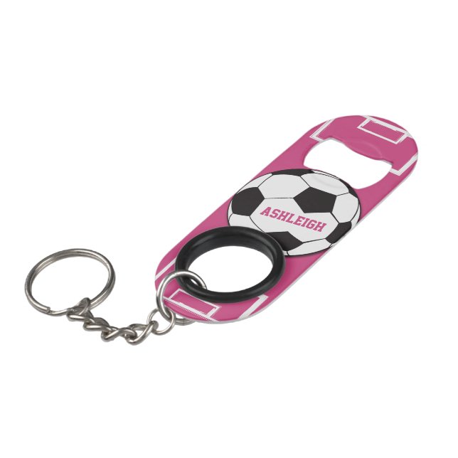 Personalized Soccer Ball and Field Pink Keychain Bottle Opener (Front Angled)