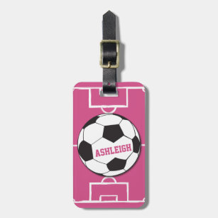 Personalized Soccer Ball and Field Pink Luggage Tag