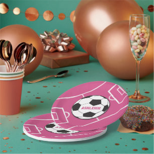 Personalized Soccer Ball and Field Pink Paper Plates