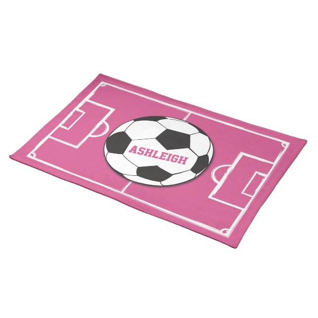 Personalized Soccer Ball and Field Pink Placemat (On Table)