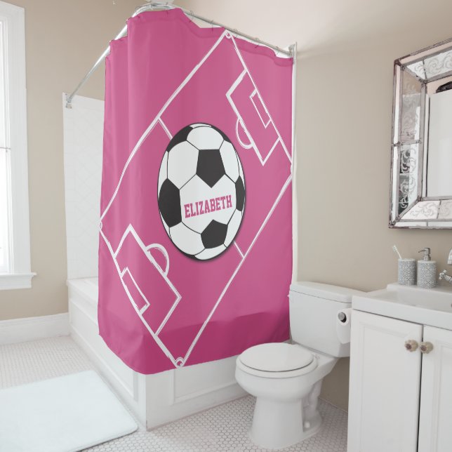 Personalized Soccer Ball and Field Pink Shower Curtain (In Situ)