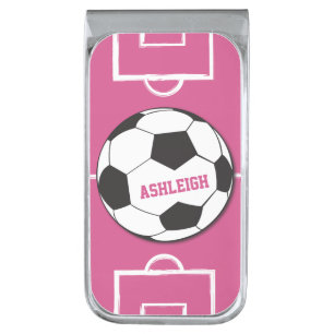 Personalized Soccer Ball and Field Pink Silver Finish Money Clip