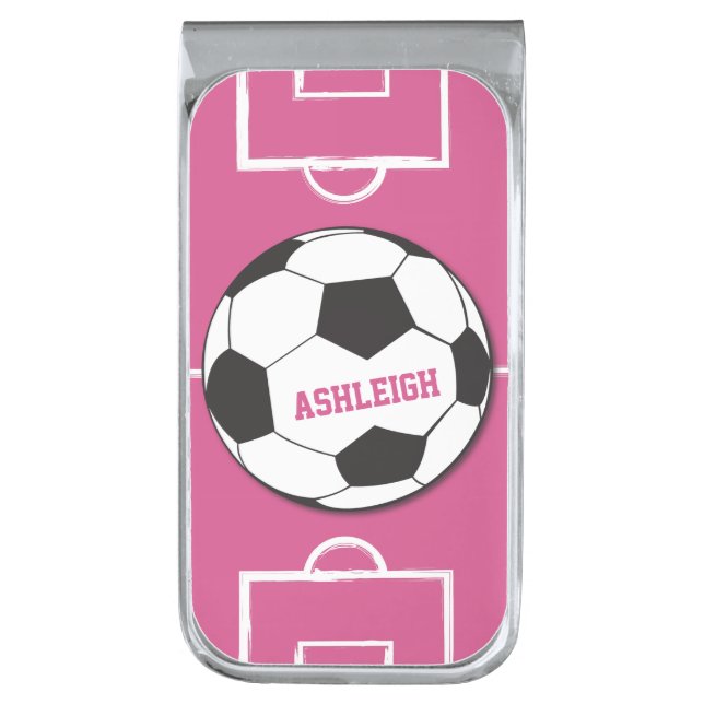 Personalized Soccer Ball and Field Pink Silver Finish Money Clip (Front Vertical)