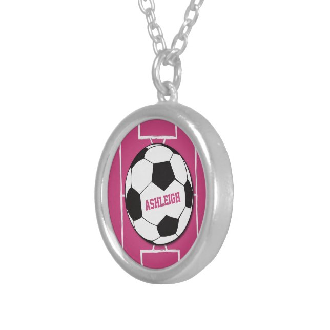 Personalized Soccer Ball and Field Pink Silver Plated Necklace (Front Right)