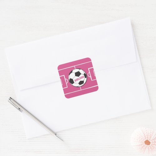 Personalized Soccer Ball and Field Pink Square Sticker