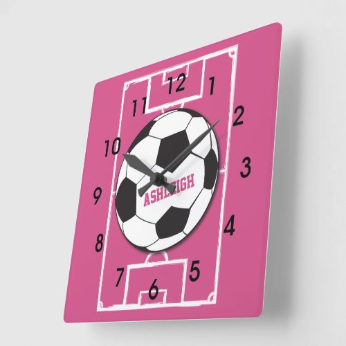 Personalized Soccer Ball and Field Pink Square Wall Clock