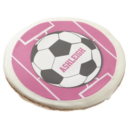 Personalized Soccer Ball and Field Pink Sugar Cookie