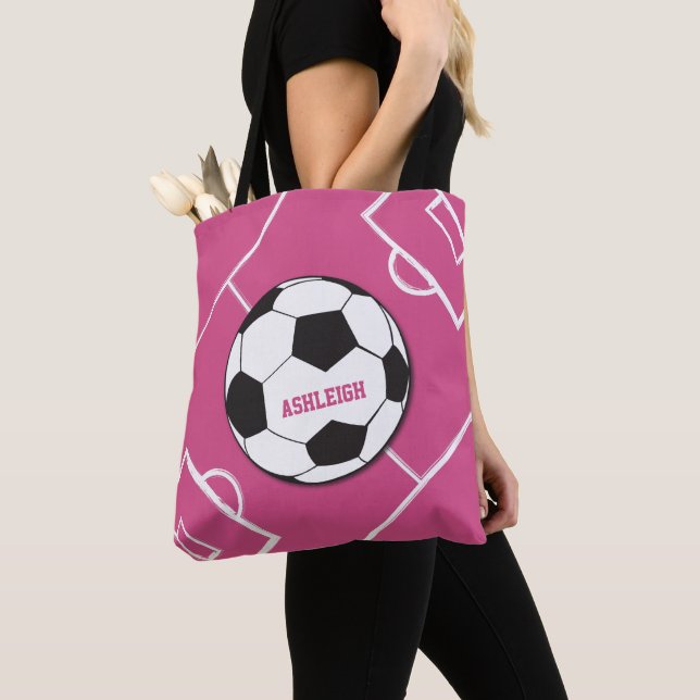 Personalized Soccer Ball and Field Pink Tote Bag (Close Up)