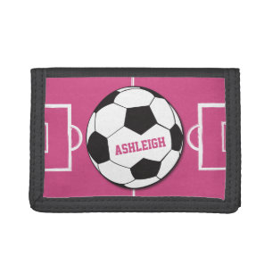 Personalized Soccer Ball and Field Pink Trifold Wallet