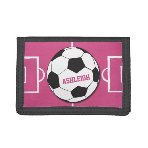 Personalized Soccer Ball and Field Pink Trifold Wallet