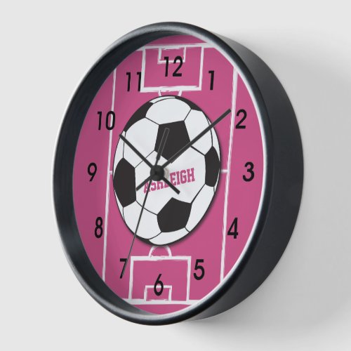 Personalized Soccer Ball and Field Pink Wall Clock