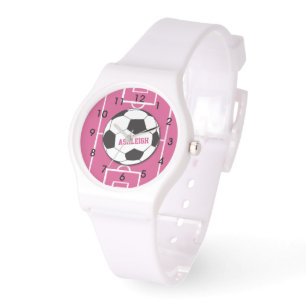 Personalized Soccer Ball and Field Pink Watch