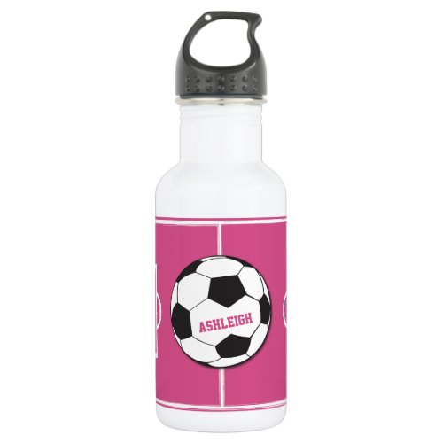 Personalized Soccer Ball and Field Pink Water Bottle