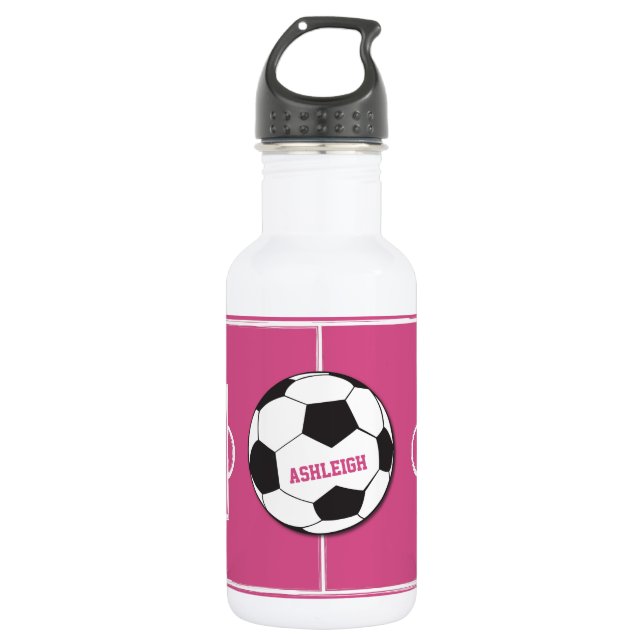 Personalized Soccer Ball and Field Pink Water Bottle (Front)