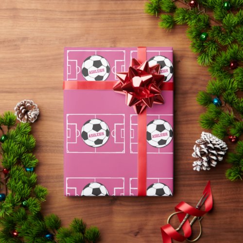 Personalized Soccer Ball and Field Pink Wrapping Paper