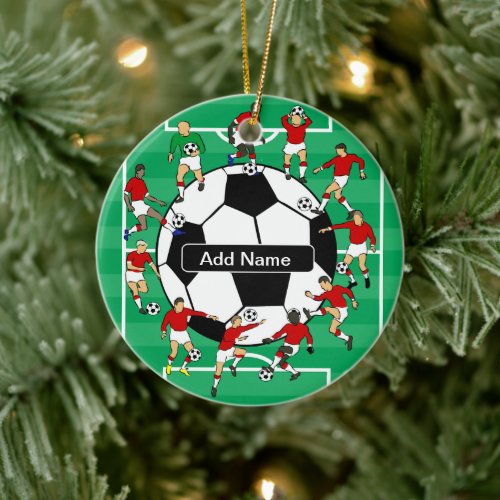 Personalized soccer ball and players ceramic ornament