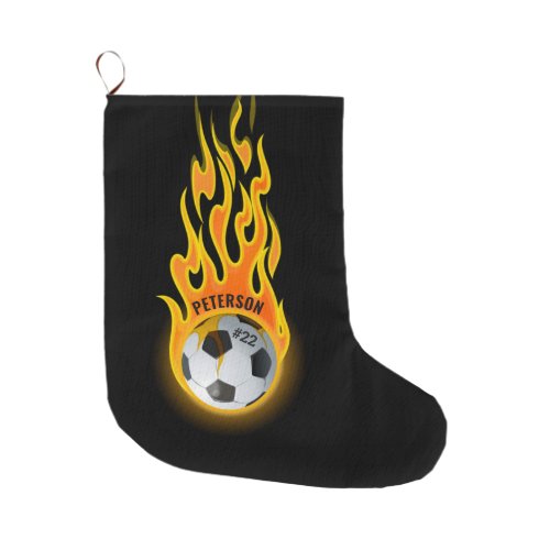 Personalized Soccer Ball in Flames Team Player Large Christmas Stocking