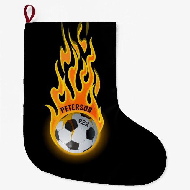 Personalized Soccer Ball in Flames Team Player Large Christmas Stocking (Front)