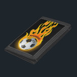 Personalized Soccer Ball in Flames Team Player  Trifold Wallet<br><div class="desc">Personalized Soccer Ball in Flames Team Player NAME and Number Design - Featuring a Soccer Ball flying through the air on fire! - Customize with your Name and Custom Text!</div>