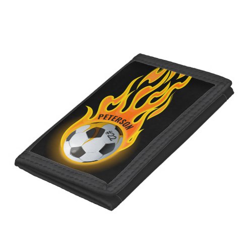 Personalized Soccer Ball in Flames Team Player  Trifold Wallet