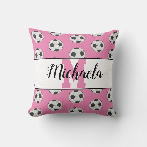 Personalized Soccer Ball Monogram Name Pink Throw Pillow