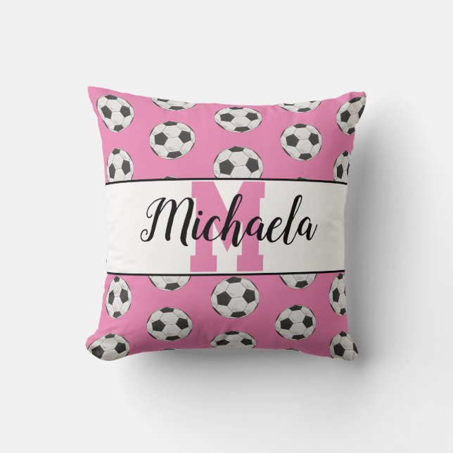Personalized Soccer Ball Monogram Name Pink Throw Pillow (Front)