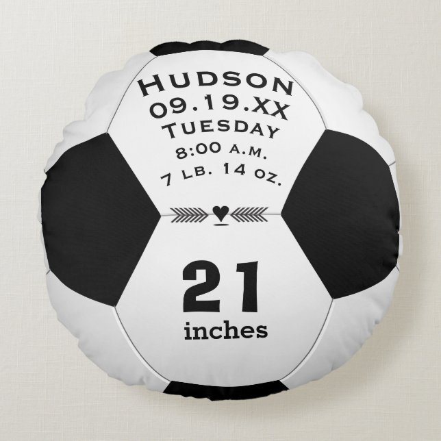 Personalized Soccer Ball Name and Baby Stats Round Pillow (Front)
