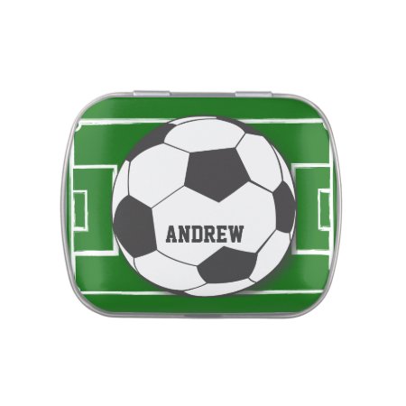 Personalized Soccer Ball On Field Jelly Belly Tin