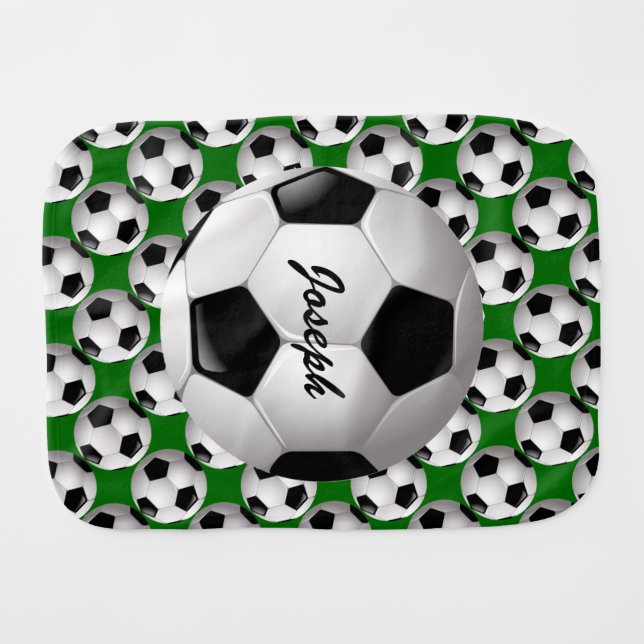 Personalized Soccer Ball on Football Pattern Baby Burp Cloth (Front Horizontal)