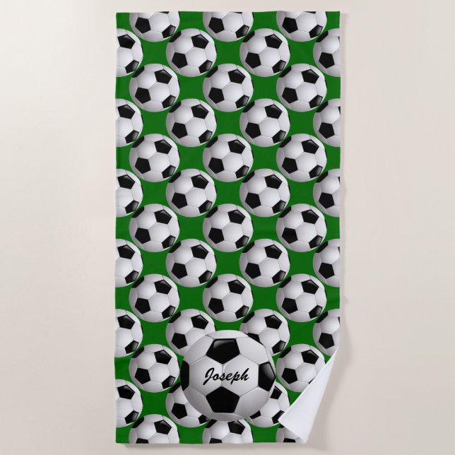Personalized Soccer Ball on Football Pattern Beach Towel (Front)