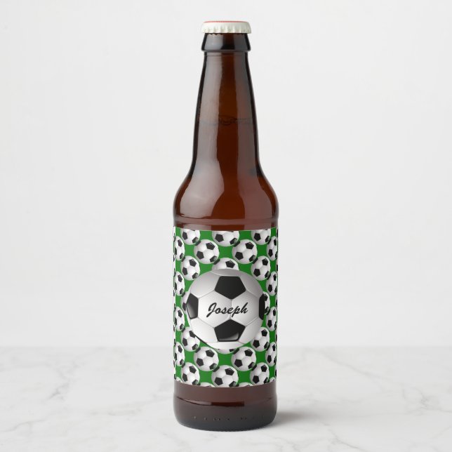 Personalized Soccer Ball on Football Pattern Beer Bottle Label (Front)