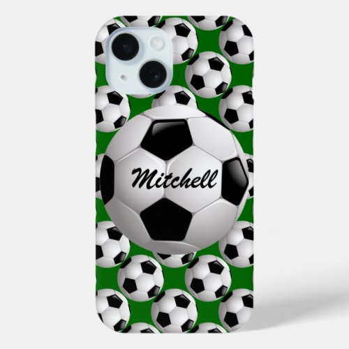 Personalized Soccer Ball on Football Pattern iPhone 15 Case