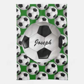 Personalized Soccer Ball On Football Pattern Kitchen Towel by giftsbonanza at Zazzle