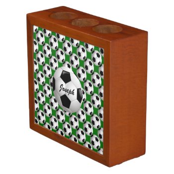 Personalized Soccer Ball On Football Pattern Pencil Holder by giftsbonanza at Zazzle