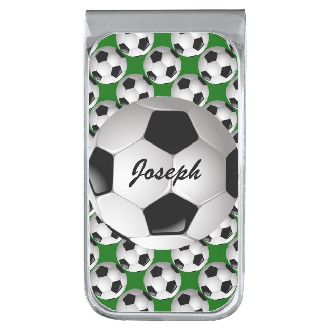 Personalized Soccer Ball on Football Pattern Silver Finish Money Clip (Front Vertical)