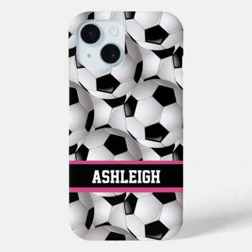 Personalized Soccer Ball Pattern Black Pink White iPhone 15 Case