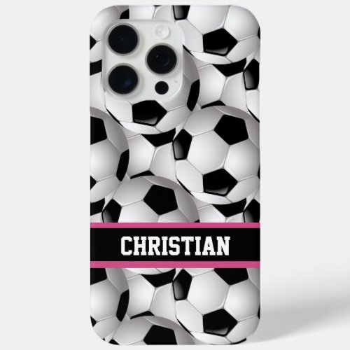 Personalized Soccer Ball Pattern Black Pink White iPhone 15 Pro Max Case