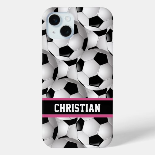 Personalized Soccer Ball Pattern Black Pink White iPhone 15 Plus Case